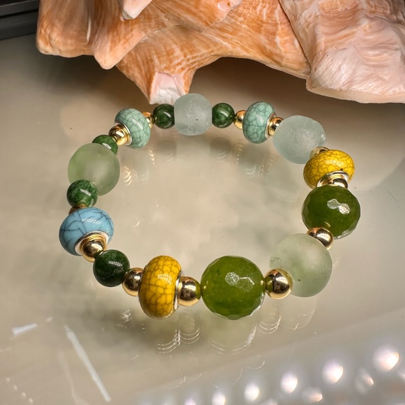 RARE TAIWAN JADE + SEA GLASS + BURMA JADE NATURAL STONES BRACELET size 7” - Picture 8 of 13